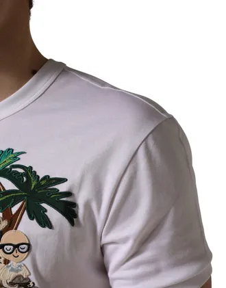 Dolce & Gabbana White Palm Embroidered Men Crew Neck T-Shirt Cotton