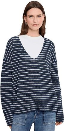 Faherty Miramar Linen Deep V Sweater Womens Sweater Navy Stripe : SM, Cotton/Linen