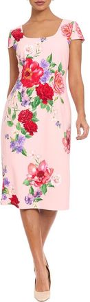 London Times Floral Square Neck Cap Sleeve Sheath Midi Dress in Pink/Red at Nordstrom Rack, Size 16