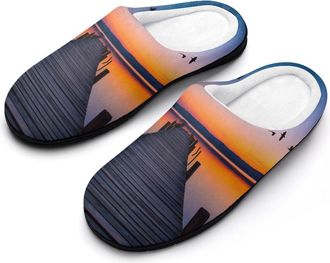 Generic Sunset Lake Birds Flying Over The Pier Mens Slippers Comfortable And Non-slip Cotton Slipper Shoe for House