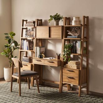 Castlery Small Modular Wooden Wall Desk and Bookshelf, Set of 2 - Brown | Castlery Office Furniture