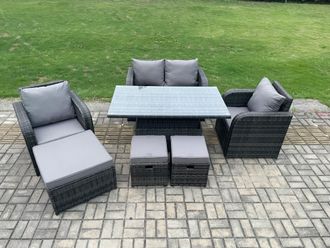 Fimous Wicker PE Rattan Furniture Garden Dining Set Outdoor Height Adjustable Rising lifting Table Love Sofa Chair Set in Dark Grey