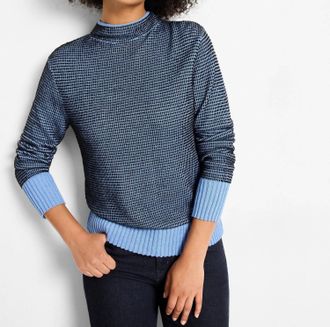 Nic+Zoe Funnel Neck Pixel Knit Sweater In Blue Multi