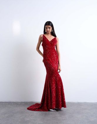 Topshop Vestito lungo in velluto rosso con paillettes e scollo profondo