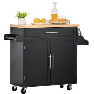 HOMCOM Carrito De Cocina Con Puertas Y Estante Interior Ajustable, Caj&oacute;n, Barra Y Especiero M&oacute;vil, Aparador Con Ruedas Para Comedor, 109 X 40 X 89 Cm, Negro
