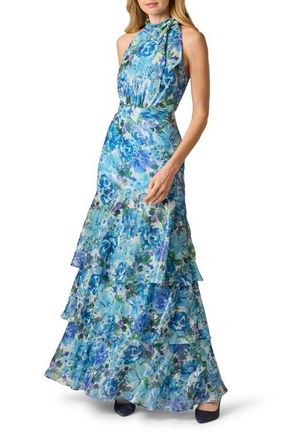 Adrianna Papell Metallic Floral Tiered Chiffon Gown in Blue Multi at Nordstrom, Size 10
