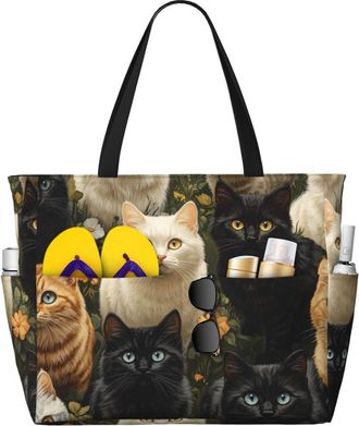 Generic Cute Cat Print Large Beach Bag Foldable Travel Shoulder Tote Bag With Pocket For Weekender Pool Vacation