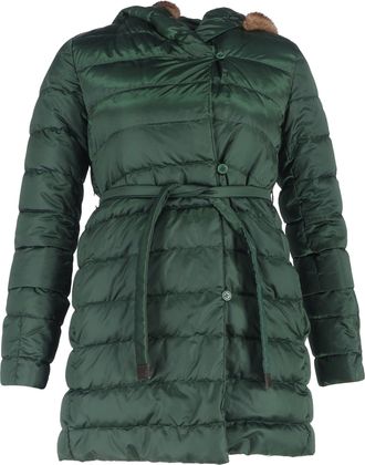 Max Mara Belted Fur Trim Down Jacket in Green Polyamide