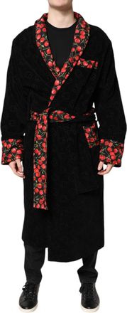 Dolce & Gabbana Mens Luxury Cotton Robe Cherry Print - Black - Size EU 48 (Mens)
