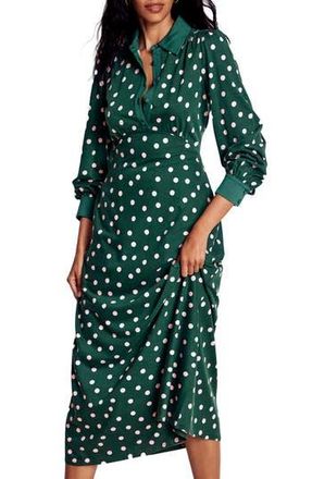 Boden Polka Dot Empire Waist Long Sleeve Dress in Emerald Night Painted Dot at Nordstrom Rack, Size 14