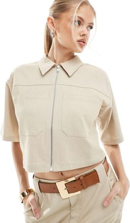 4th & Reckless tailored zip up cropped boxy shirt in beige - part of a set-Neutral