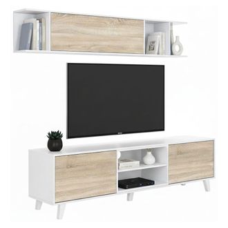 Dmora Dmora - Pared De Almacenamiento Darcole, Mueble De Tv Para Sal&oacute;n, Composici&oacute;n De Sal&oacute;n Con Mueble Alto, 180x41h51 Cm, Blanco Y Roble