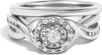 House of Brilliance 925 Sterling Silver 1/7 Cttw Diamond Halo Bypass Engagement Ring and Wedding Band Set