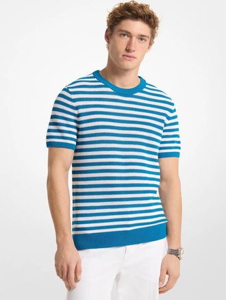 Michael Kors Striped Mesh Cotton Short-Sleeve Sweater