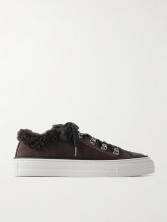 Brunello Cucinelli Sneakers In Camoscio Con Interno In Shearling E Perline - Marrone