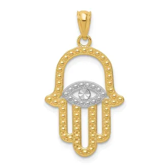 Diamond2Deal 14k Yellow Gold and White Rhodium Textured Hamsa and Evil Eye Pendant
