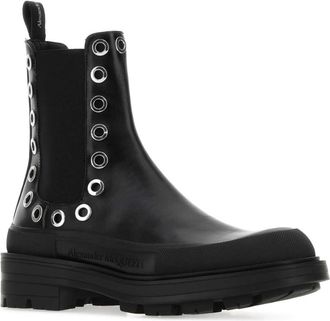 Alexander McQueen Mens Eyelet-Studded Leather Ankle Boot Black Calf