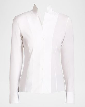 Akris Long-Sleeve Notched-Collar Poplin Blouse