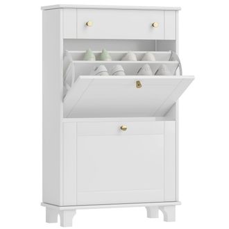 HOMCOM Mueble Zapatero Blanco Zapatero Estrecho Con 2 Puertas Abatibles Y 1 Caj&oacute;n Para 8 Pares De Zapatos 60x23,5x98,5 Cm