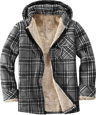 Generic Womens Sherpa Fleece Lined Jackets - Plaid Flannel Shirt Jacket, Hooded Drawstring Pockets, Checked Zip Up Coats, Long Sleeve Casual Loose, Winter War