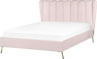 Beliani Cama Con Somier De Terciopelo Rosa Dorado 140 X 200 Cm Metal Usb Cabecero Miribel