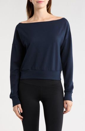 Lord & Taylor Flashdance Boat Neck Fleece Sweatshirt in Navy Blazer at Nordstrom, Size X-Large