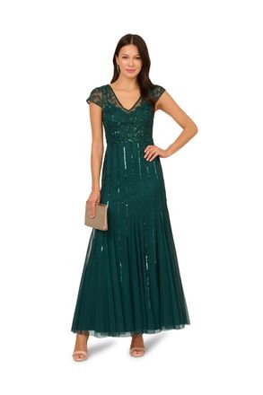 Adrianna Papell Womens Studio Beaded Long Dress - Green - Size 6 UK