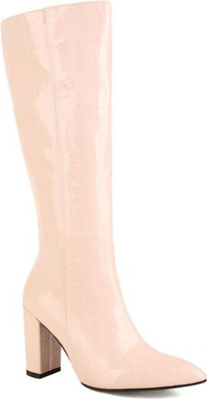 Generic Beige,9.5 UK,Womens Leather PU Knee High Boots Pointed Toe Chunky Block Heel Tall Boot Side Zipper Party Club Fall Winter Dress Shoes