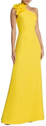 Mac Duggal One Shoulder Crepe Column Gown With Floral Detail in Sunshine at Nordstrom, Size 12