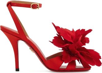 Ferragamo Rode Bloem Hoge Hak Schoenen - Dames - Sandalen met hakken - Rood - 37 1/2 EU - Leer - Schoenen