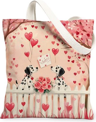 Generic Valentines Day German Shorthaired Pointer Dog Canvas Tote Bag for Shopping 13x15, Farm Couple Puppy Reusable Grocery Print Bag for Women, Pet Beach Ae