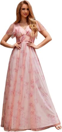 Ever-pretty Womens Dresses Summer Floral Printed Empire Waist Pleated Decoration with V-Neck Prom Evening Dress Pink 12UK