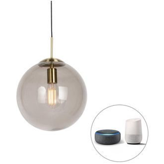 QAZQA Smart Pendant Light Brass with Smoke Glass 30 cm Incl. Wifi ST64 - Ball