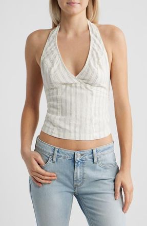 BDG Quinn Stripe Linen Halter Top in White Stripe at Nordstrom, Size X-Small