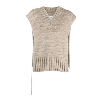 Maison Margiela V-neck Knitwear, female, Beige, Size: M Distressed Knit V-Neck Vest