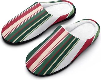 Generic Striped Red Green White Mens Slippers Memory Foam Winter Warm Sandals Slip On House Shoes Size 7-14