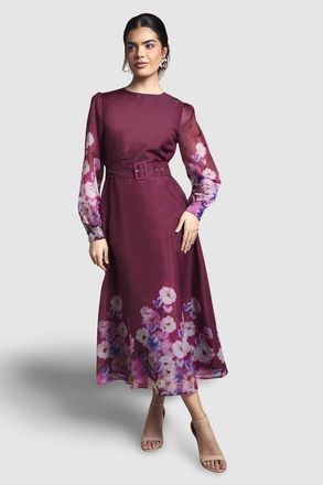 Wallis Organza Floral Print Belted Midi Dress in Berry at Nordstrom, Size 12