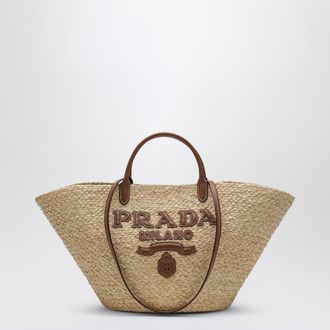 Prada Large beige/cognac raffia and leather shopping bag