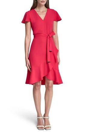 DKNY Short Sleeve Tulip Hem Fit & Flare Dress in Lipstick at Nordstrom Rack, Size 10