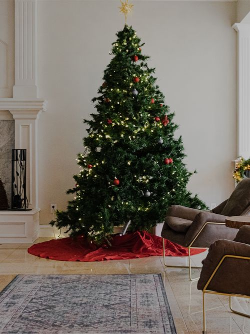 Großer Weihnachtsbaum mit einer Lichterkette der neben einem Kamin und 2 braunen Stühlen steht.
