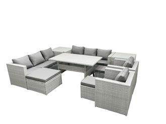 Fimous Rattan Garden Furniture Set Outdoor 8 Seater Patio Dinin g Sofa Sets with Dining Table 2 Chairs 2 Side Tables 3 Footstools Light Grey Mixed