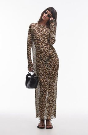 Topshop Sheer Long Sleeve Maxi Dress in Brown Multi at Nordstrom, Size Medium