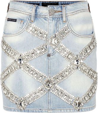 Philipp Plein denim brooch mini-skirt - women - Cotton/Polyester/Polyester/Cotton/Glass Fiber - M - Blue