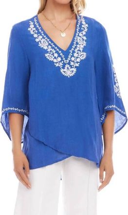Karen Kane Bracelet Sleeve Embroidered Asymmetric Top In Blue