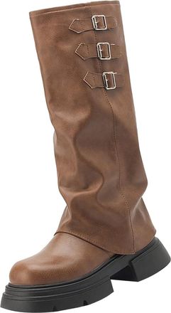Generic Womens Chunky Heeled Boots, Fold Over Knee High Boots Womens Chunky Block Heel Round Toe Boot with Buckle Wide Fit Calf Slip-On Slouchy Riding Hiking 