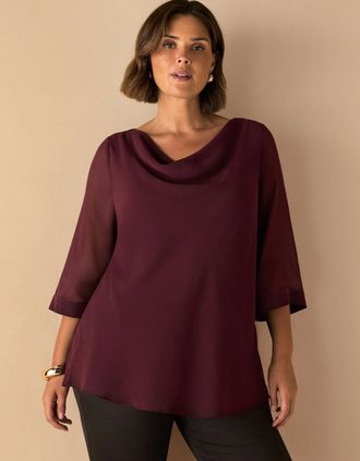 Live Unlimited London Womens Burgundy Cowl Neck Overlay Top - Red - Size: 12