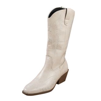 Generic Black Cowboy Boots for Women Womens Cowboy Boots Slip-on Half-Height Leather Comfortable Chunky Heel Side Buckle with Zip Snow