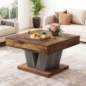 Tribesigns Tribesigns Square Coffee Table, Wood Coffee Table for Living Room, 80 cm Modern Center Table Tea Table Accent Table, Rustic Brown & Black