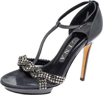 Gina Grey Patent Leather Crystal Embellished T-Strap Sandals