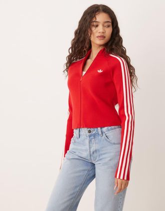 adidas Originals Adicolor - Top sportivo in maglia slim color better scarlet con 3 strisce-Rosso